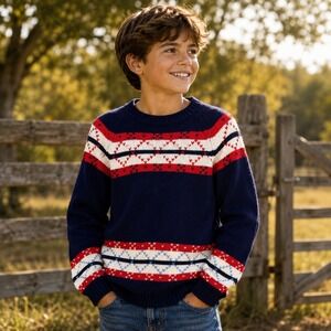 Kids‎ Navy Blue Fair Isle Knit L Sweater Red Geometric Pattern Crewneck Pullover